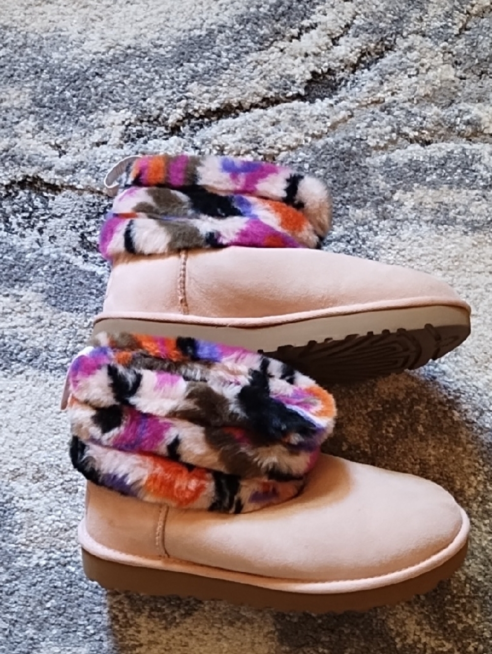 UGG Pink Ankle Boots with Multicolor Fur Cuff